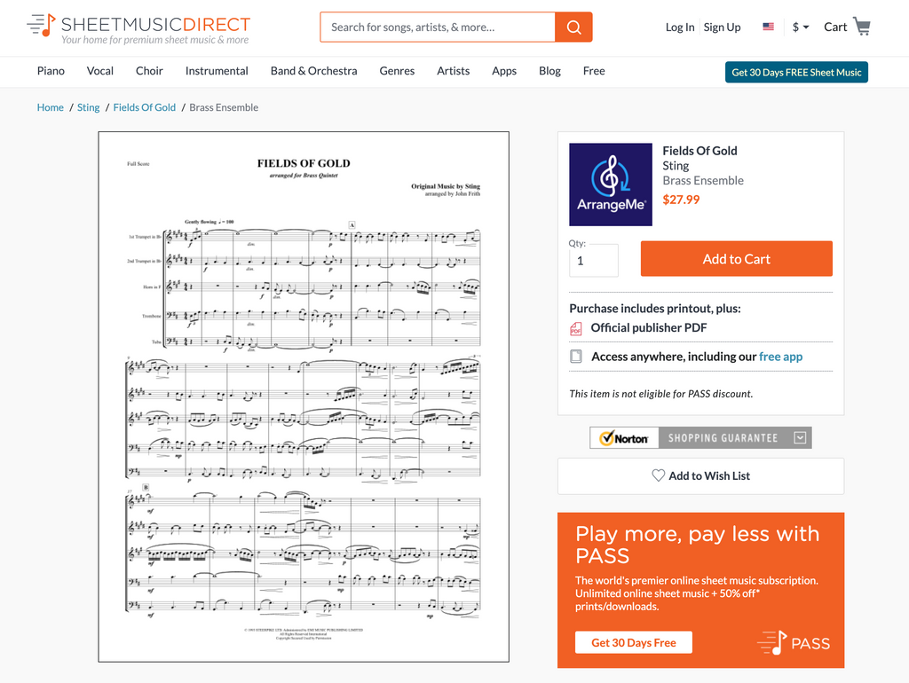 Sting - Fields of Gold for Brass Quintet arranged by John Frith